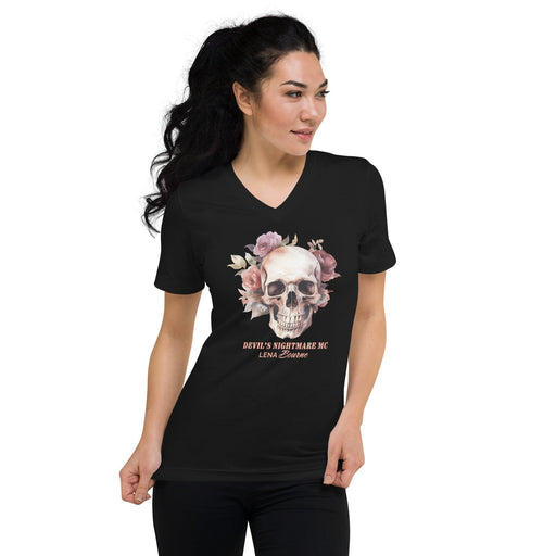 Skull & Roses Short Sleeve V-Neck T-Shirt - Devil's Nightmare MC by Lena Bourne - Waterside Dreams Press